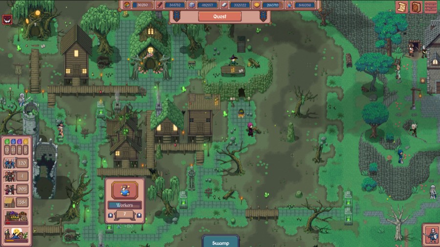 A swamp district of witch huts, a bubbling cauldron and glowing green foliage, with a witch standing at a lectern